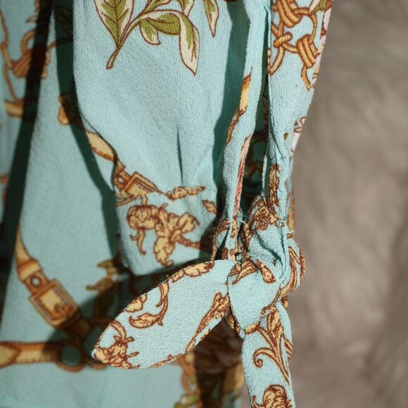 Seafoam Green BLOUSE W/Coral Floral Print By Fig and Flower SIZE M USED4PHOTOS - Picture 2 of 4